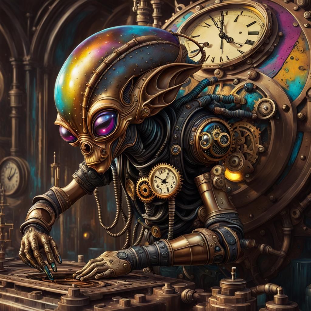 Steampunk Alien Repairing Clock, Detailed Digital Art