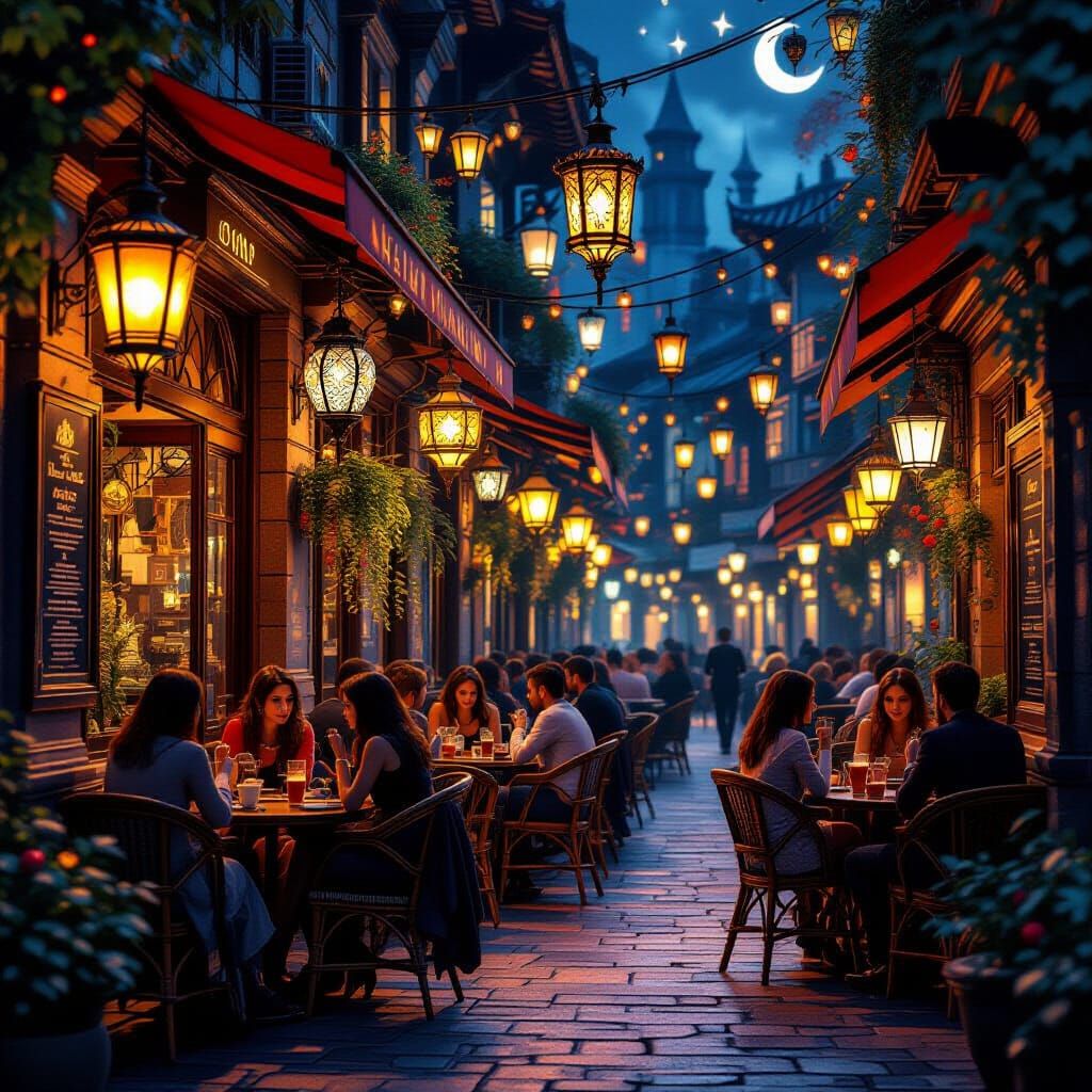 Vibrant Cafe at Night with Ornate Lanterns