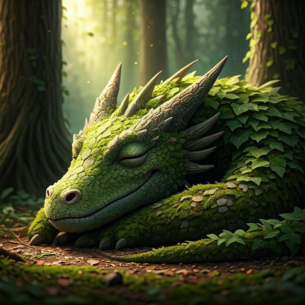 Ethereal Moss Dragon Slumbers Under Ancient Trees