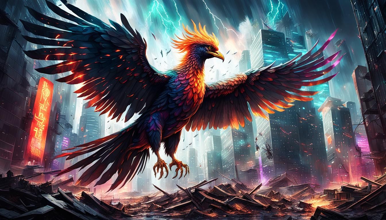 A Phoenix Rises in Neon-Lit Cyberpunk Ruins