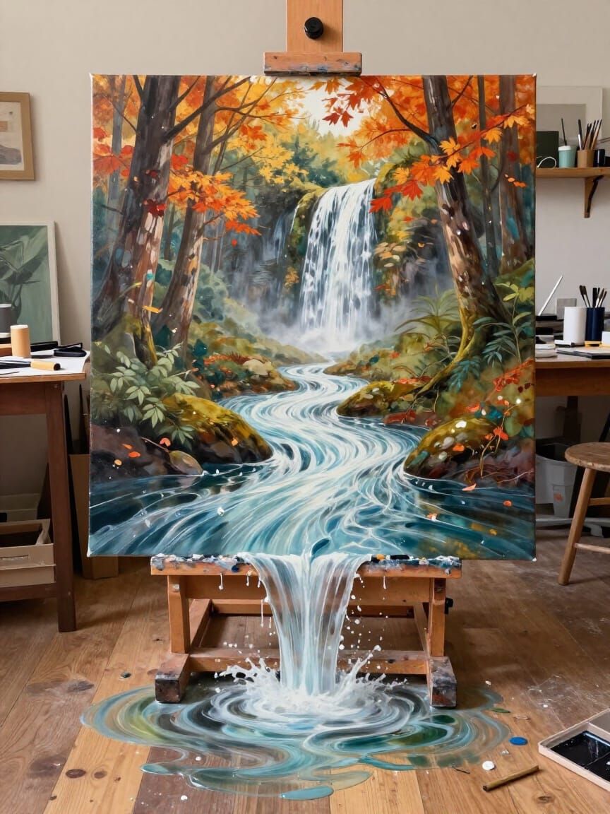 Artist Paints Magical Autumn Forest Scene with Waterfall