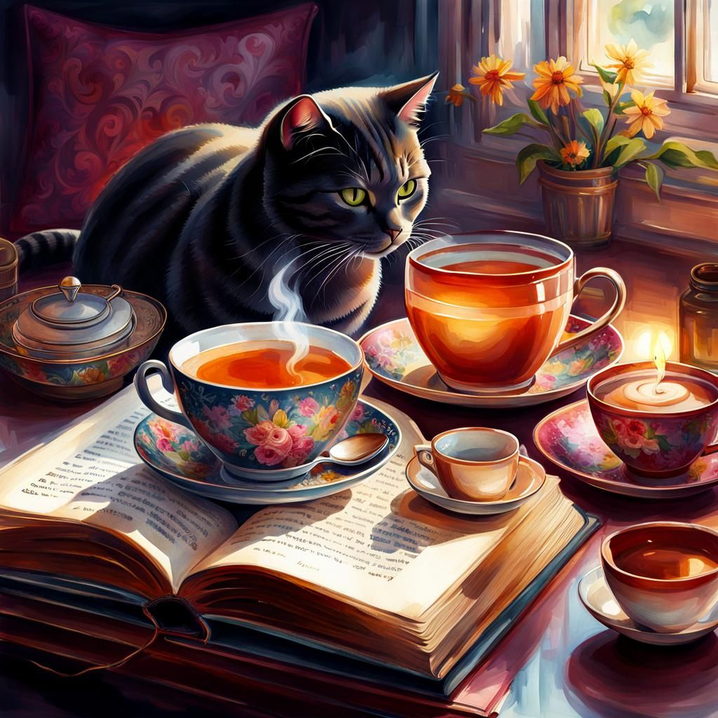 Cozy Morning Scene: Tea, Book, and Cat