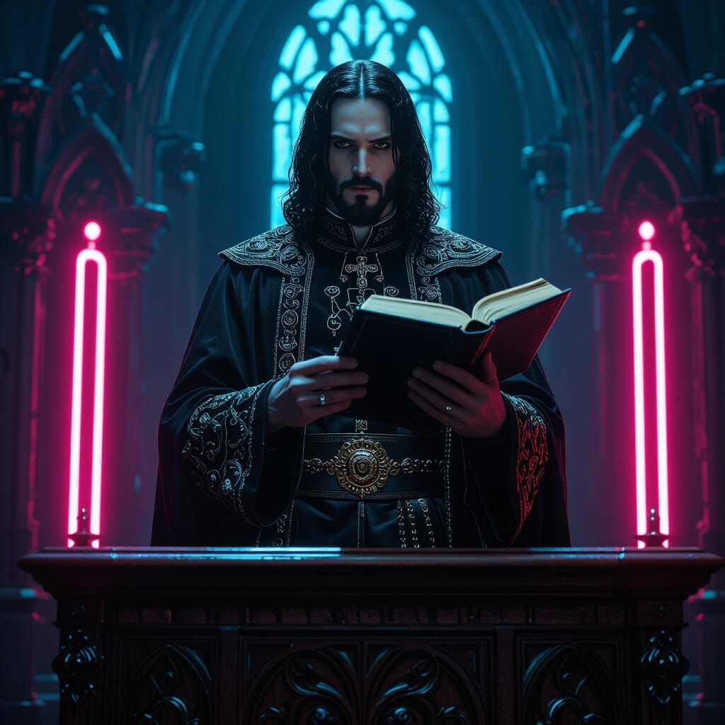 Jesus in Victorian Attire with Neon Accents