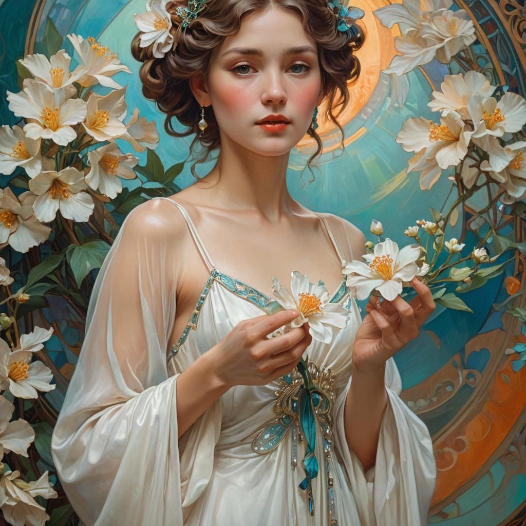 Ethereal Woman with Iridescent Flower in Art Nouveau Style