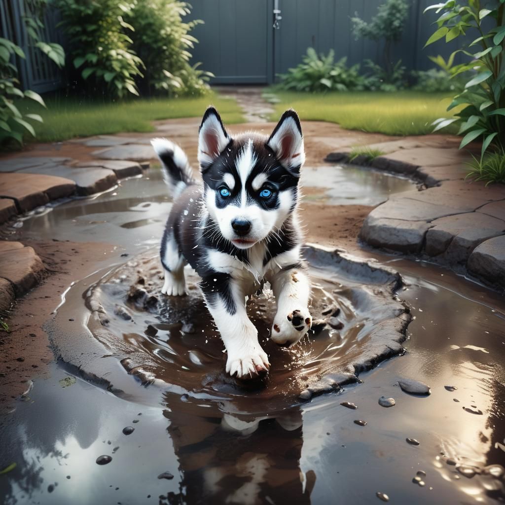 Husky Puppy's Cinematic Puddle Adventure