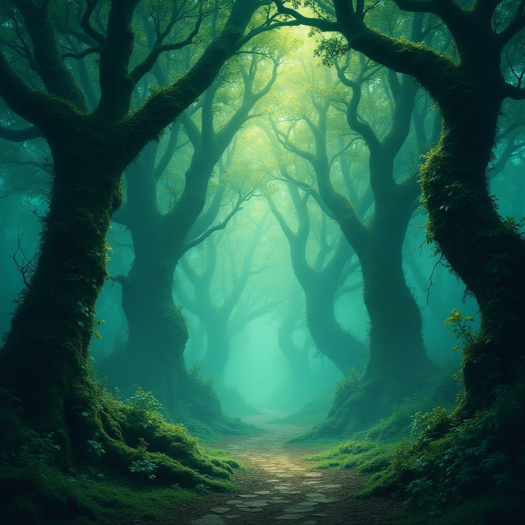 Enchanted Malachite Forest in Ethereal Glow