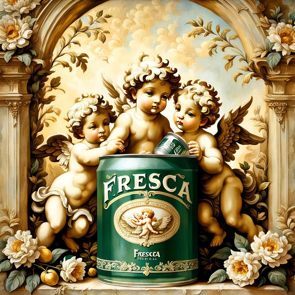 Elegant Renaissance Scene with Cherubs and Fresca Soda