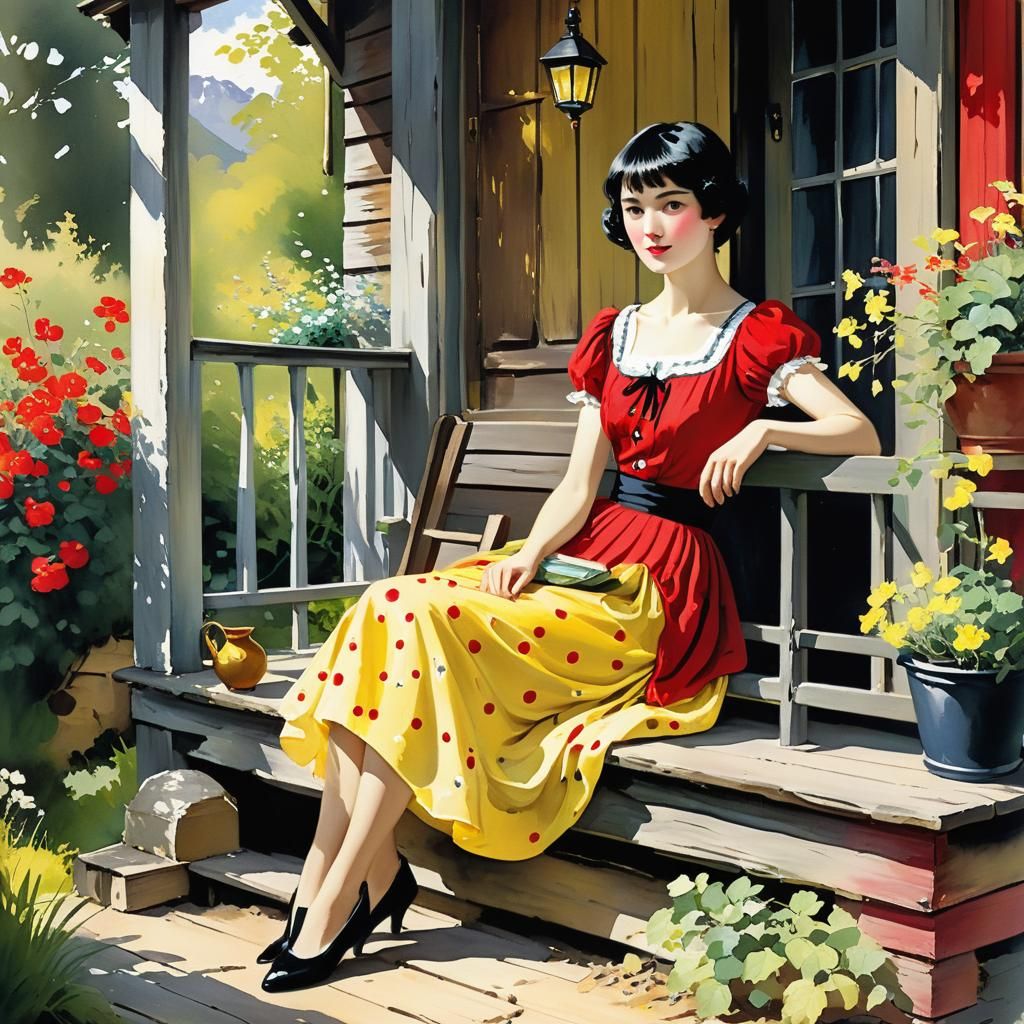 a beautiful woman with short black bob style hair, red dress...