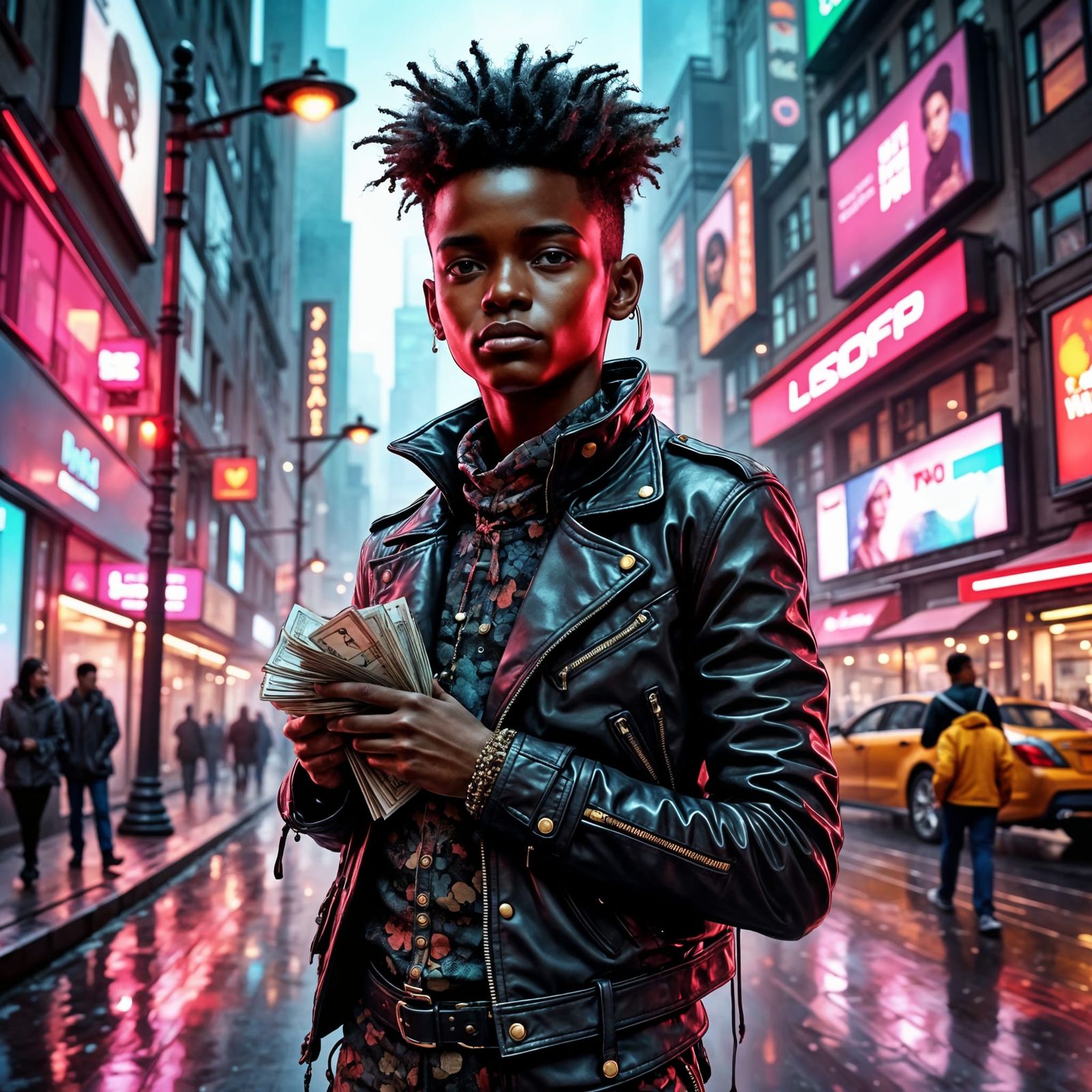 Afrofuturist Cyberpunk Masterpiece: Black Boy Embracing Inno...