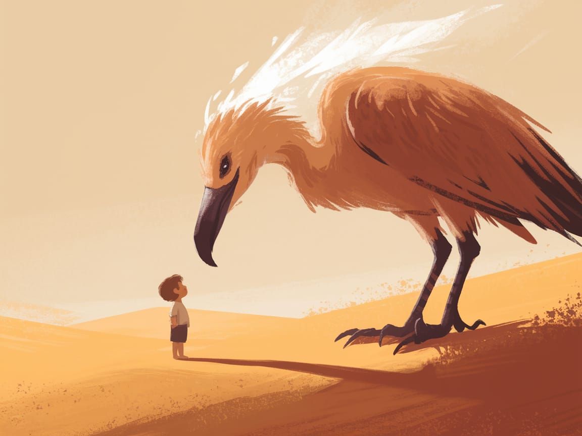 Child Meets Giant Spirit Bird in Golden Desert