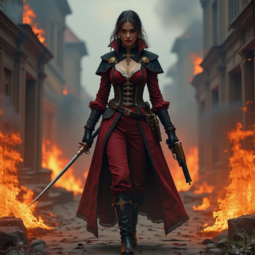 Inquisitor Amidst Flames: Photorealistic Heroism