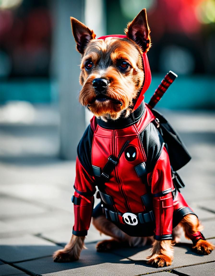 Terrier Dog Cosplaying as Deadpool, Professional Photo