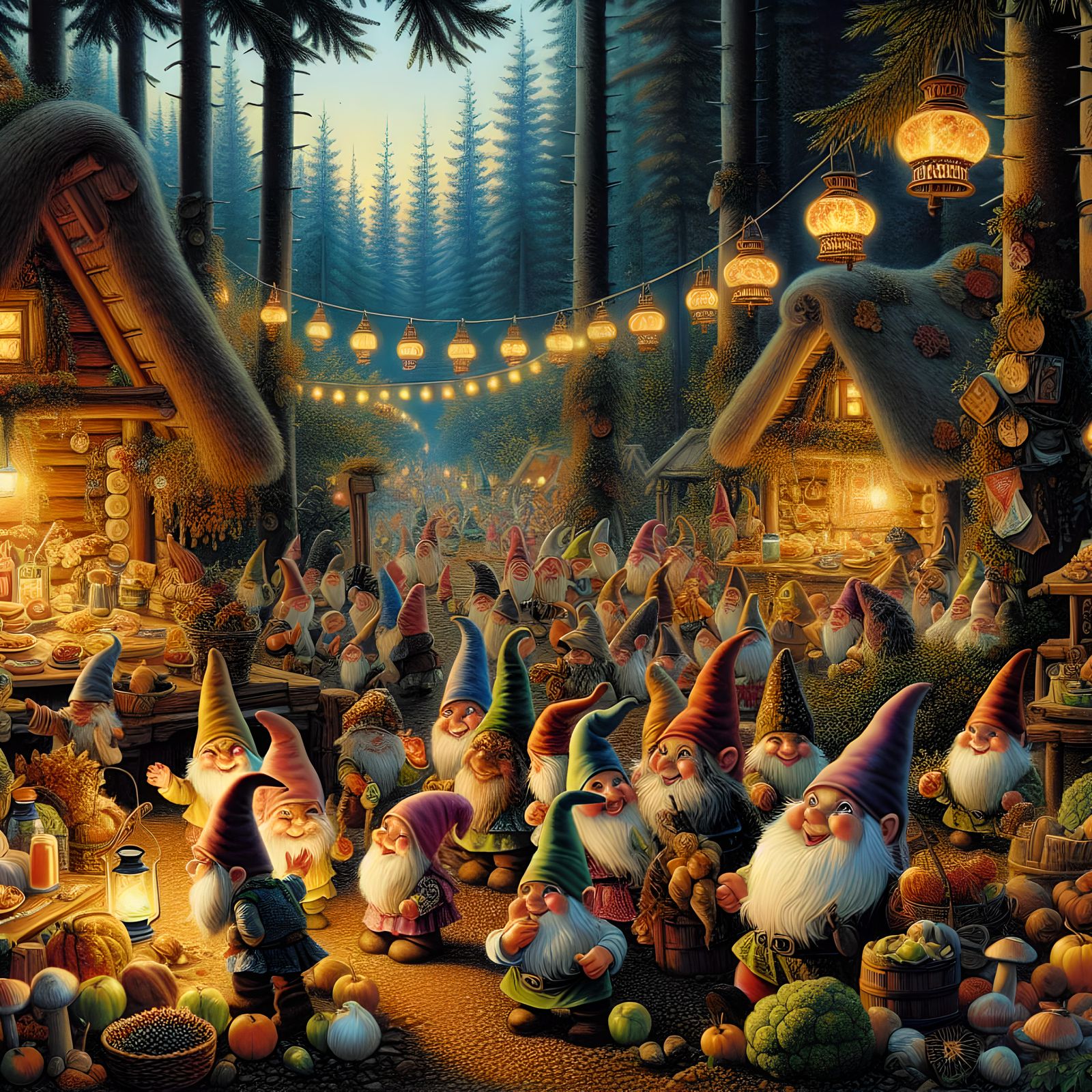 Garden gnome village, harvest festival, forest surrounding. Fantasy style of late 19th, early 20th century