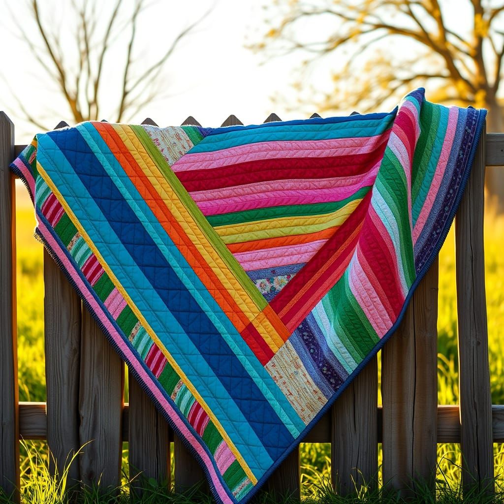 Whimsical Quilt on a Wooden Fence in Folk Art Style