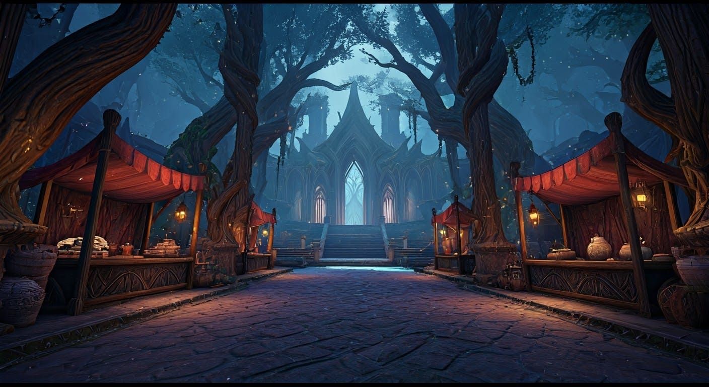 Ethereal Elven Bazaar Amidst Ancient Canopies
