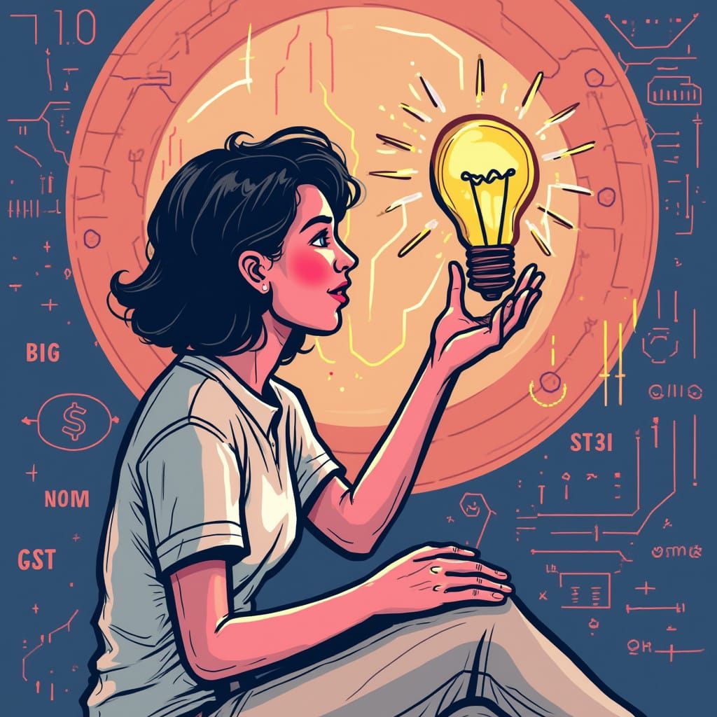 Woman Presents Idea: Minimalist Graphic with Lightbulb Icon