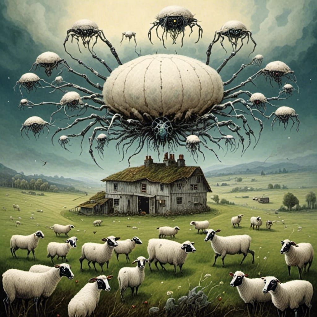 UFO Over Sheep Farm in Surreal Fairytale Style
