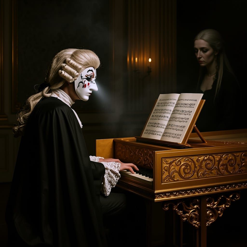 Melancholy Harpsichord Player with Baroque Lady in Shadows