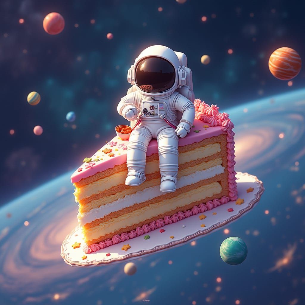Astronaut Tea Party on Cake Slice in Space