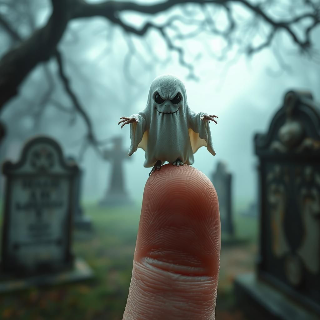 Endearing Ghost Balances on Finger in Cemetery