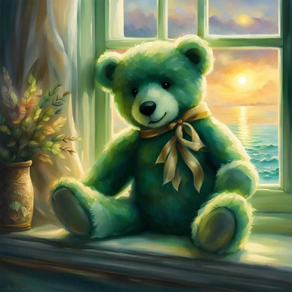 Green Teddy Bear Overlooking Sea: Ethereal Fantasy Art