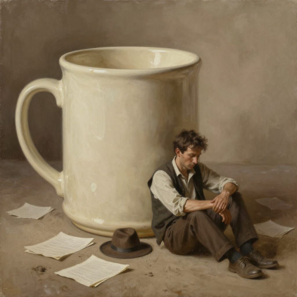 Solitary Man Rests Against Giant Mug in Sepia Tones