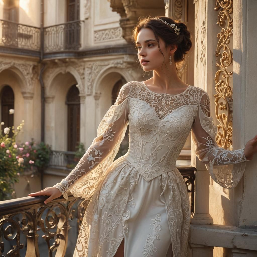 Brunette on Balcony in Mystical Street: Matte Painting