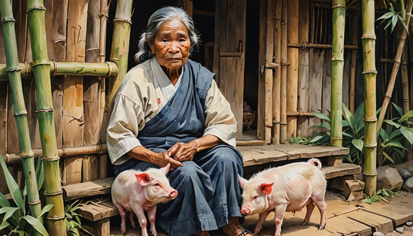Filipino Woman with Piglet in Gouache Watercolor Style