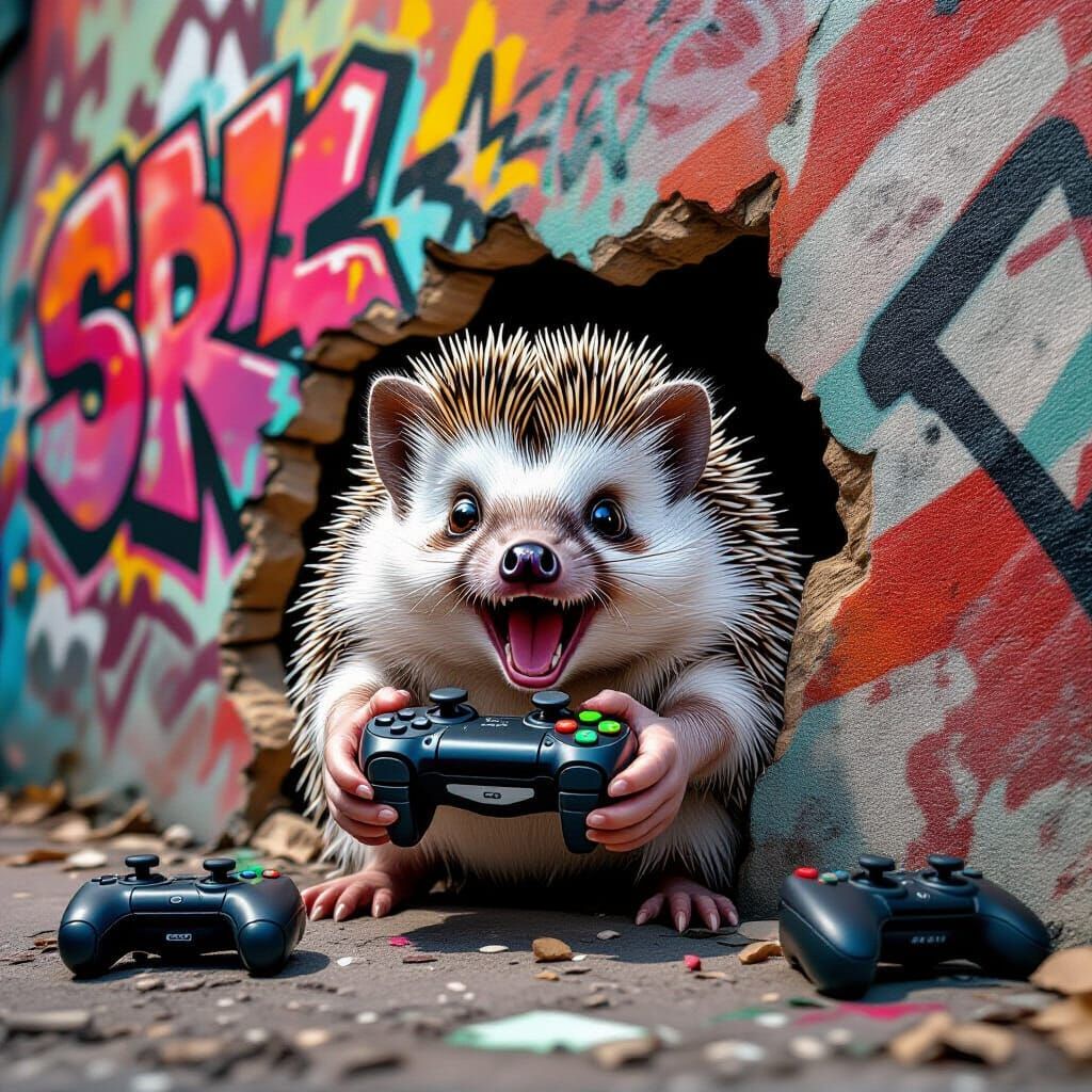 Hedgehog Gamer in Graffiti Setting, Oil Gouache Style