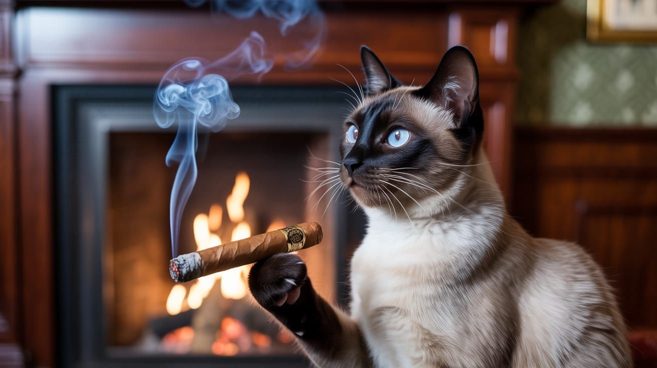 Siamese Cat with Cigar by Fireplace