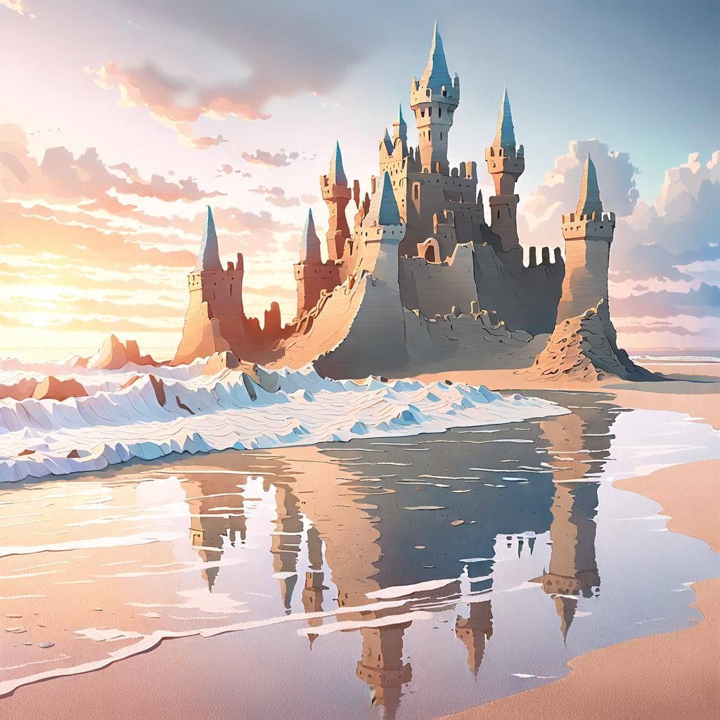 Sandcastle Breaking Apart at Sunset in Dreamlike Style