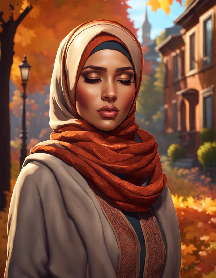 Cozy Hijabi Woman Exploring Autumn City, Digital Art