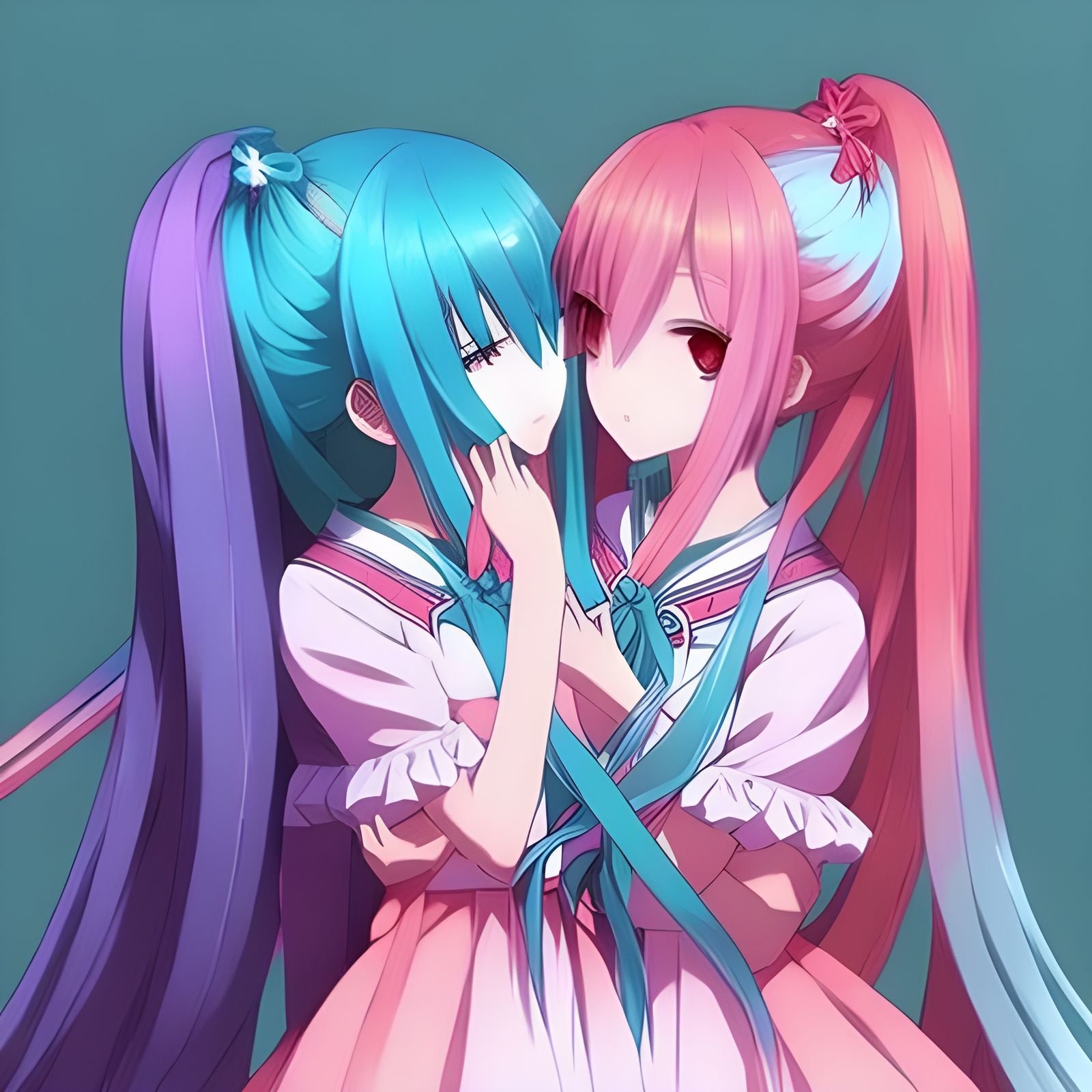 Anime Girls with Rainbow Hair Hugging