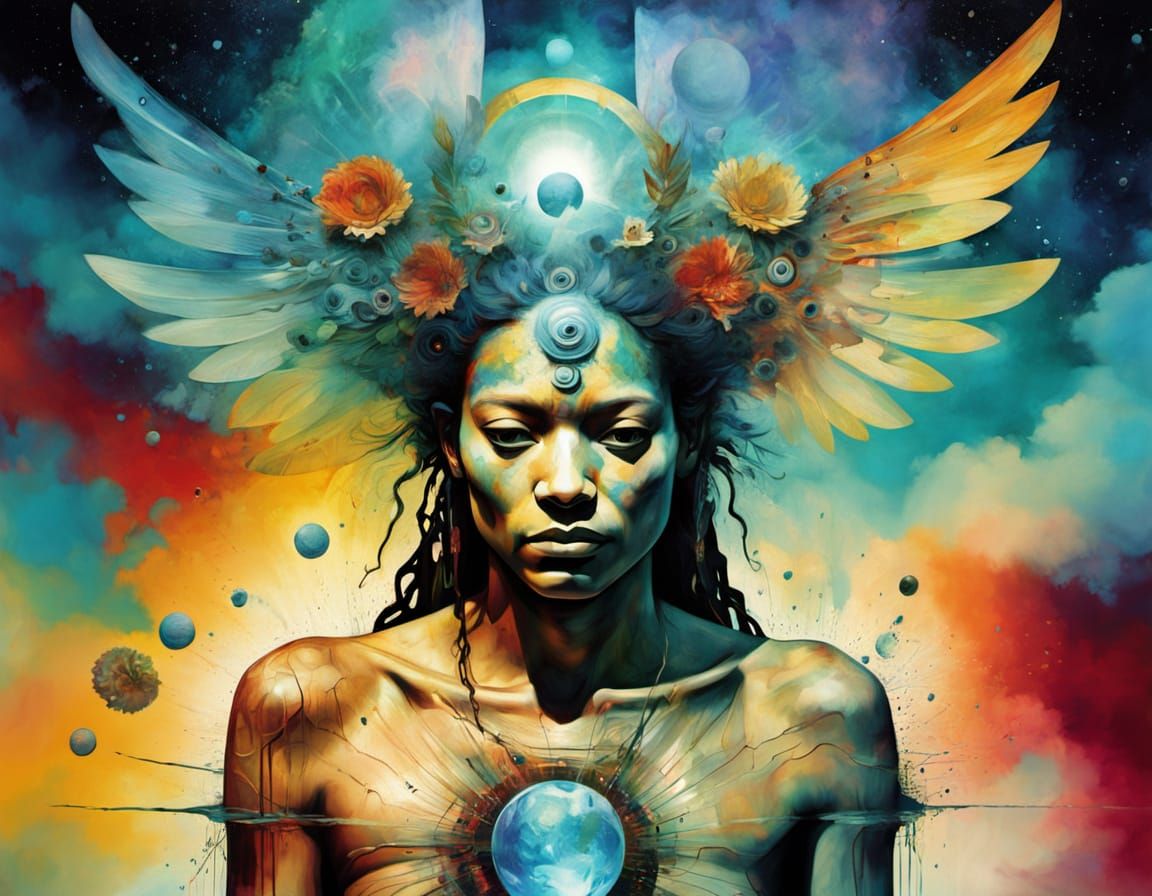 Surrealist Shamanic Woman Pours Water into Cosmic River