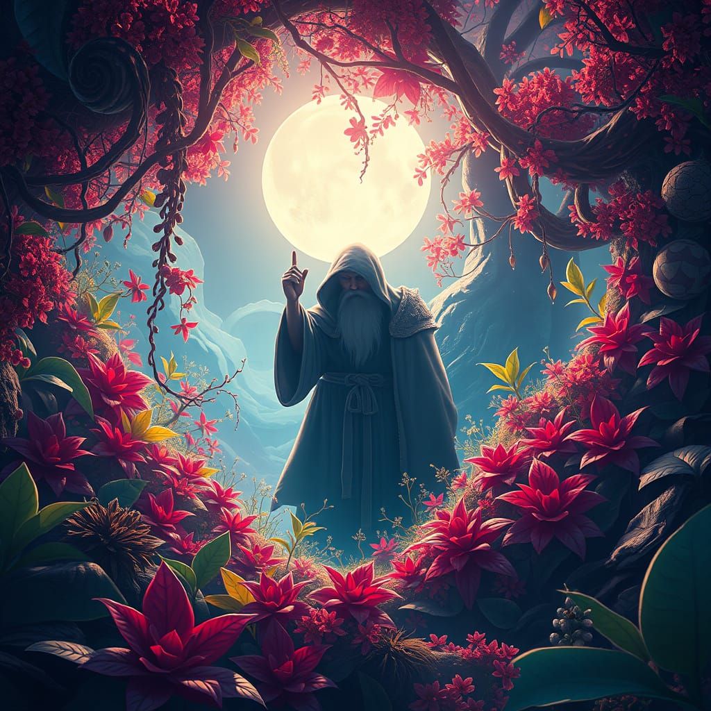 Mystical Monk in Whimsical, Dreamlike Landscape