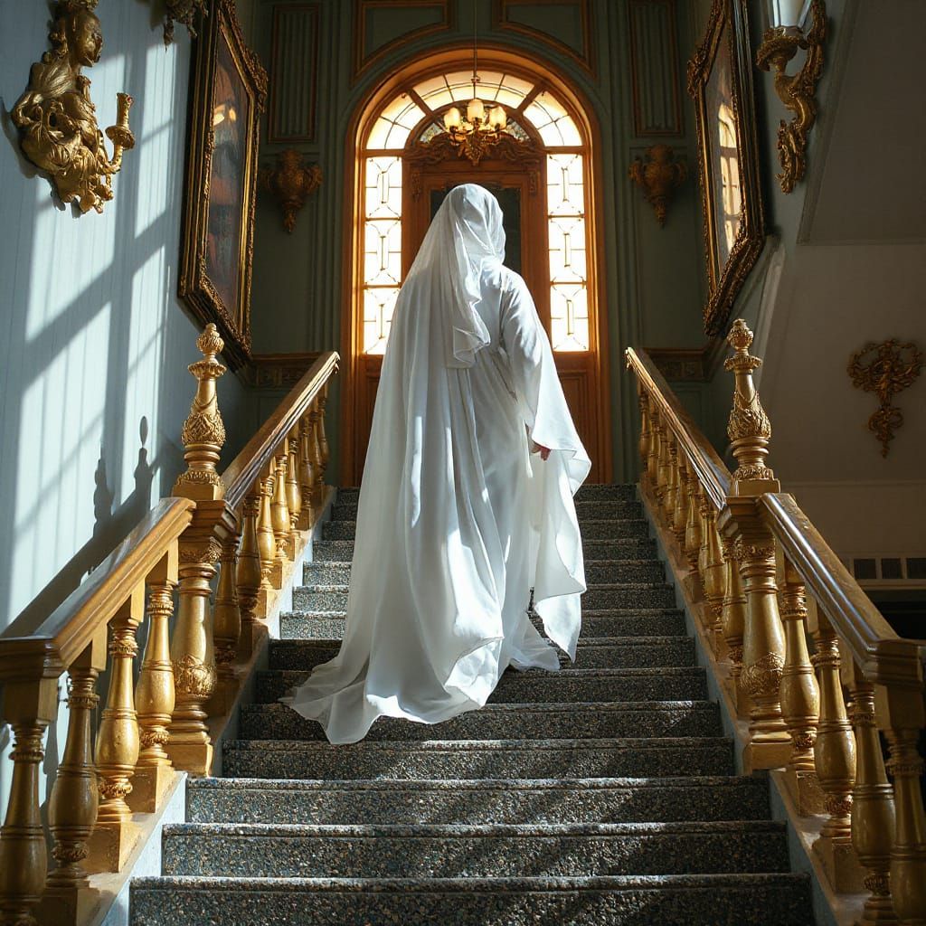 Celestial Woman Ascending a Glittering Staircase