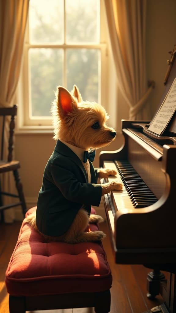 Dog in Suit Plays Piano, Whimsical Illustration