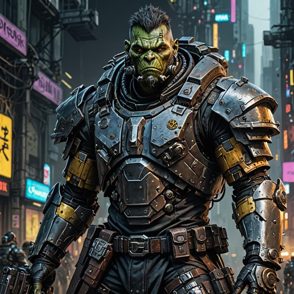 Cyberpunk, orcish mercenary in heavy armor