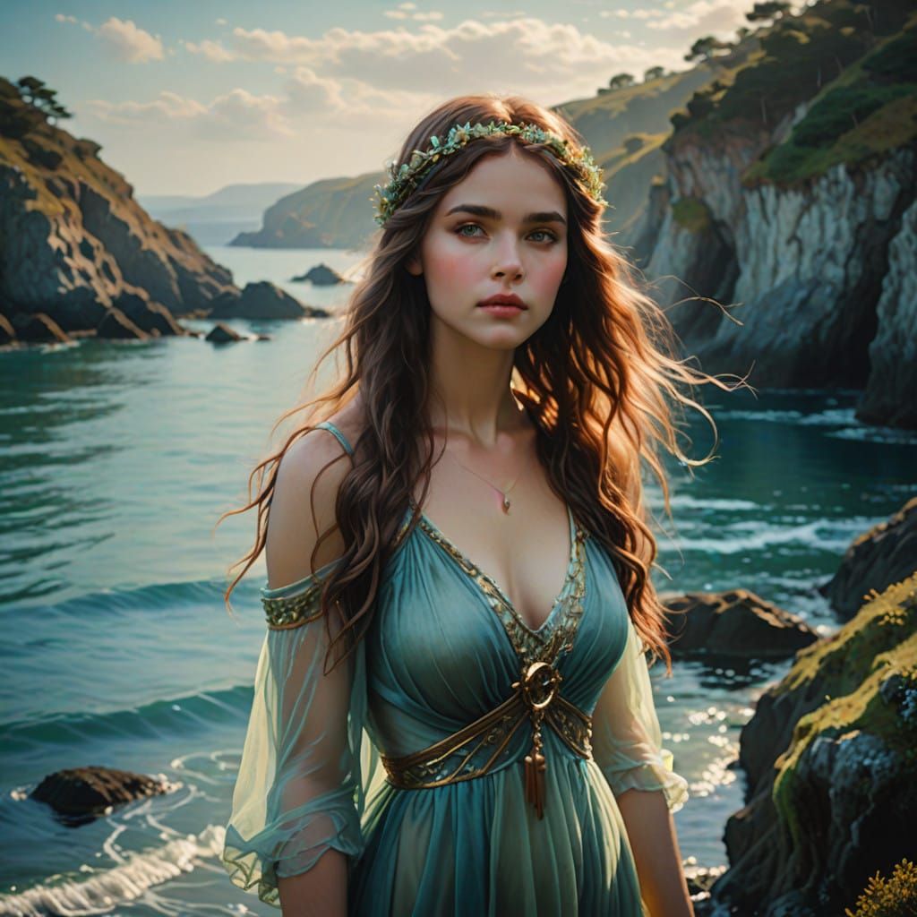 Surreal Coastal Naiad in Pastel Hues, Sheltered Cove Bokeh