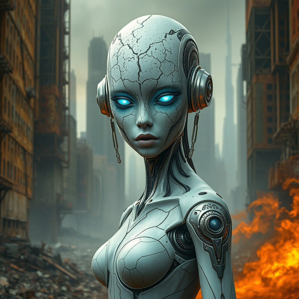 Cyborg in Post-Apocalyptic City, Biomechanical Art