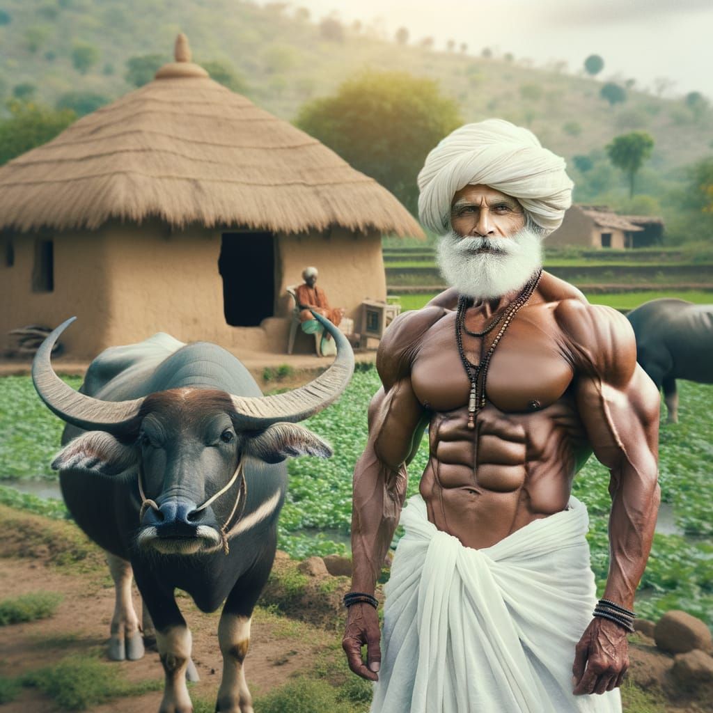 Muscular Indian Farmer and Buffalo in Ultra-Realistic 4K