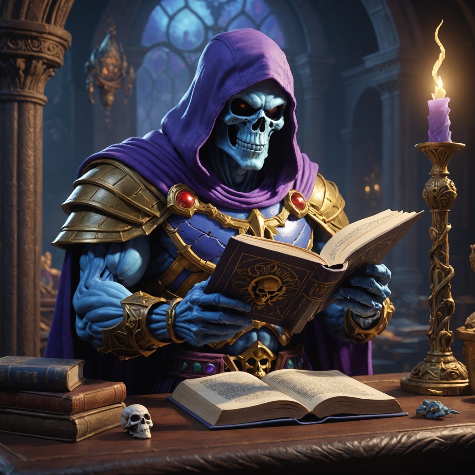 Skeletor reading an eldritch book, Masters of the Universe, ...