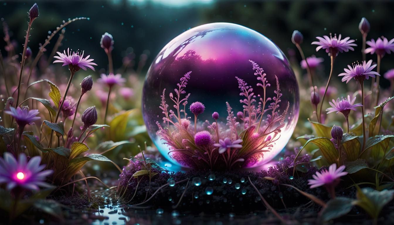Bioluminescent Liquid Crystal Ball in Dewy Field
