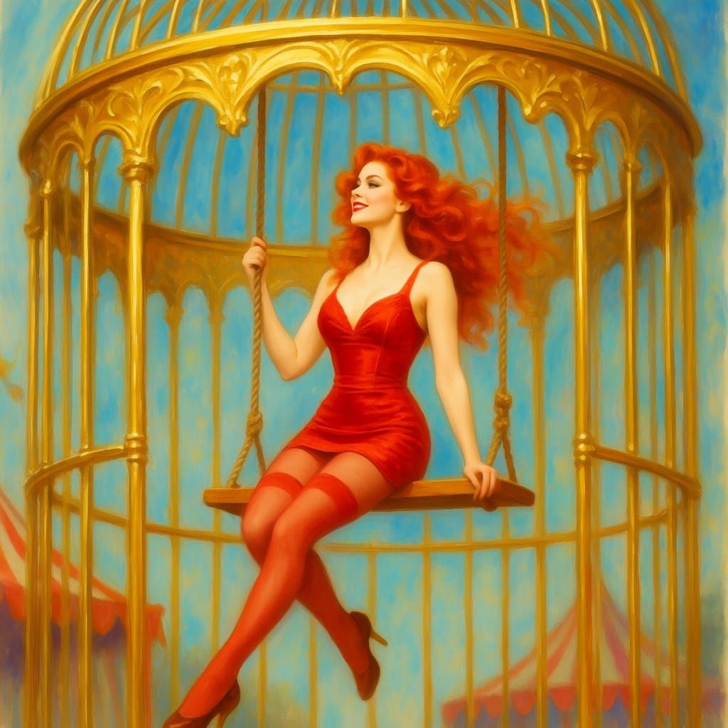 Impressionist Trapeze Artist in Golden Bird Cage