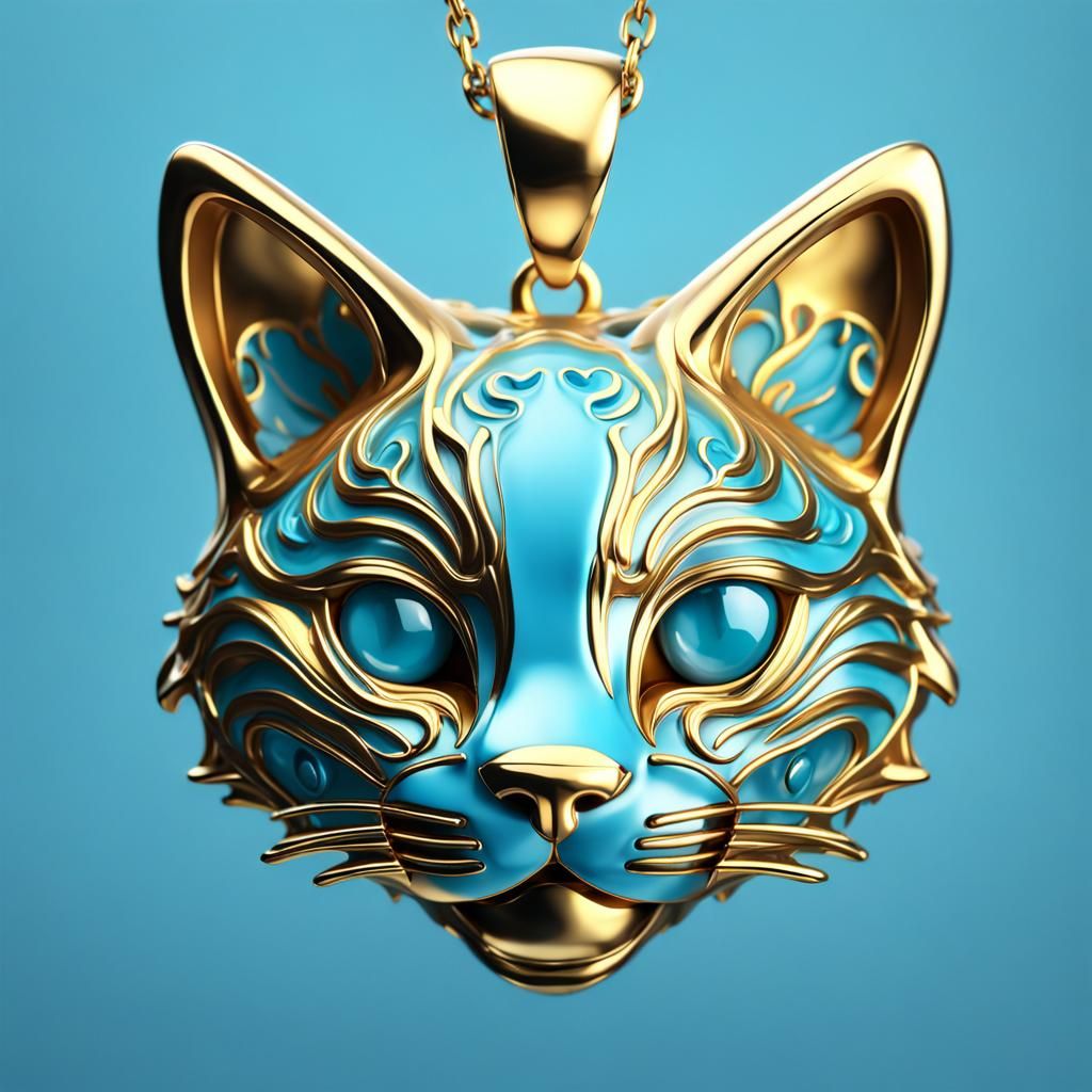 Gold and Sky Blue Cat Pendant in 3D