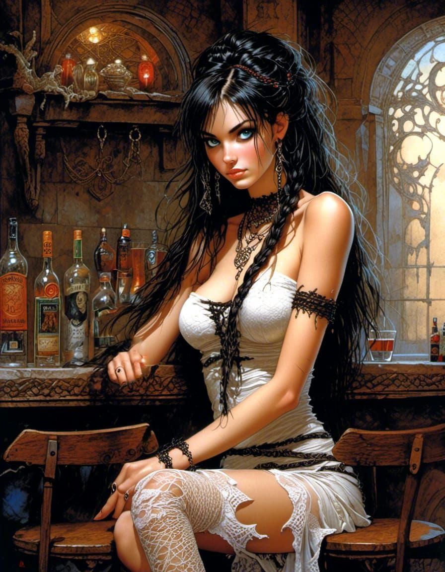 Edgy Woman at Bar, Fantasy Art Style