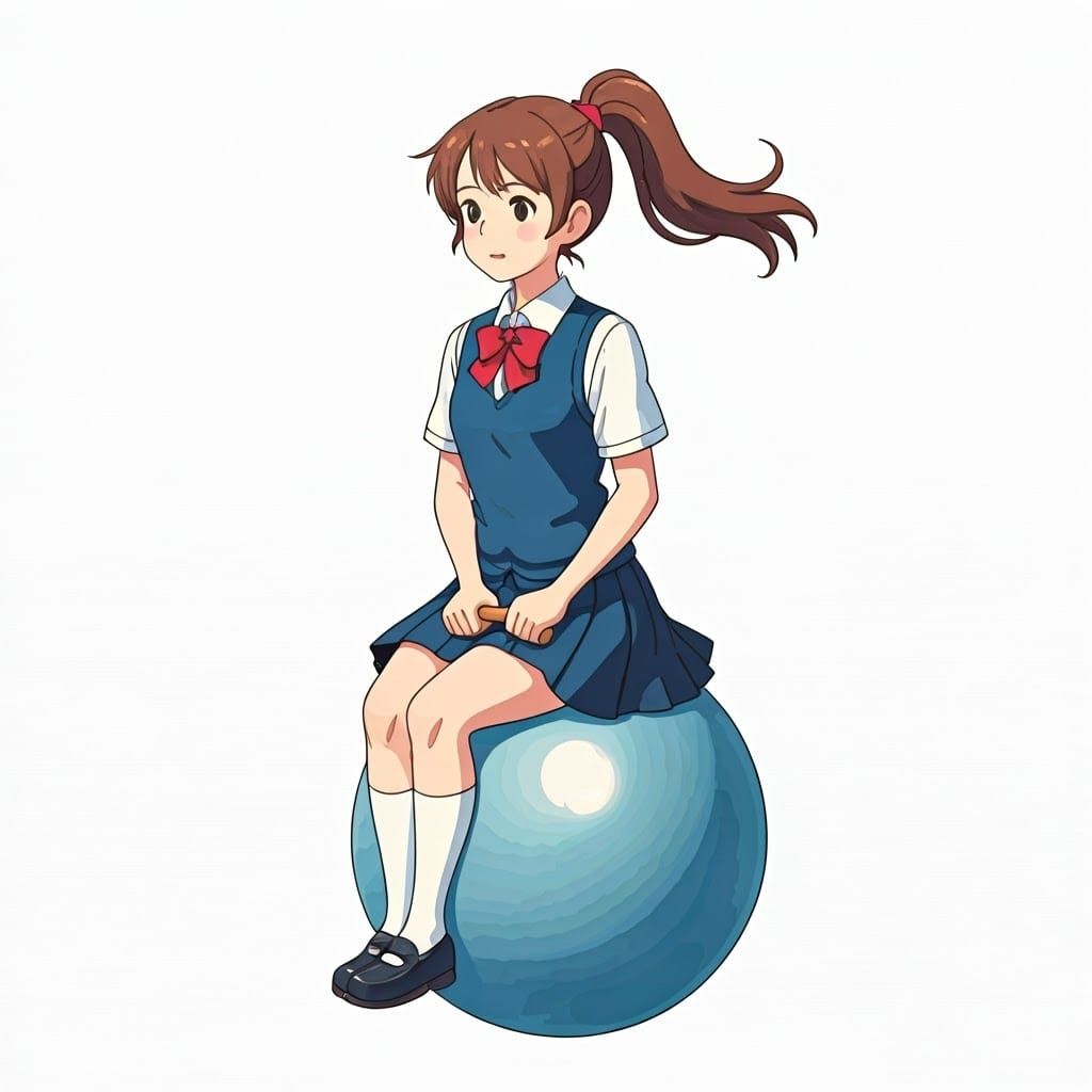 Ghibli-Style Schoolgirl Bouncing on a Ball