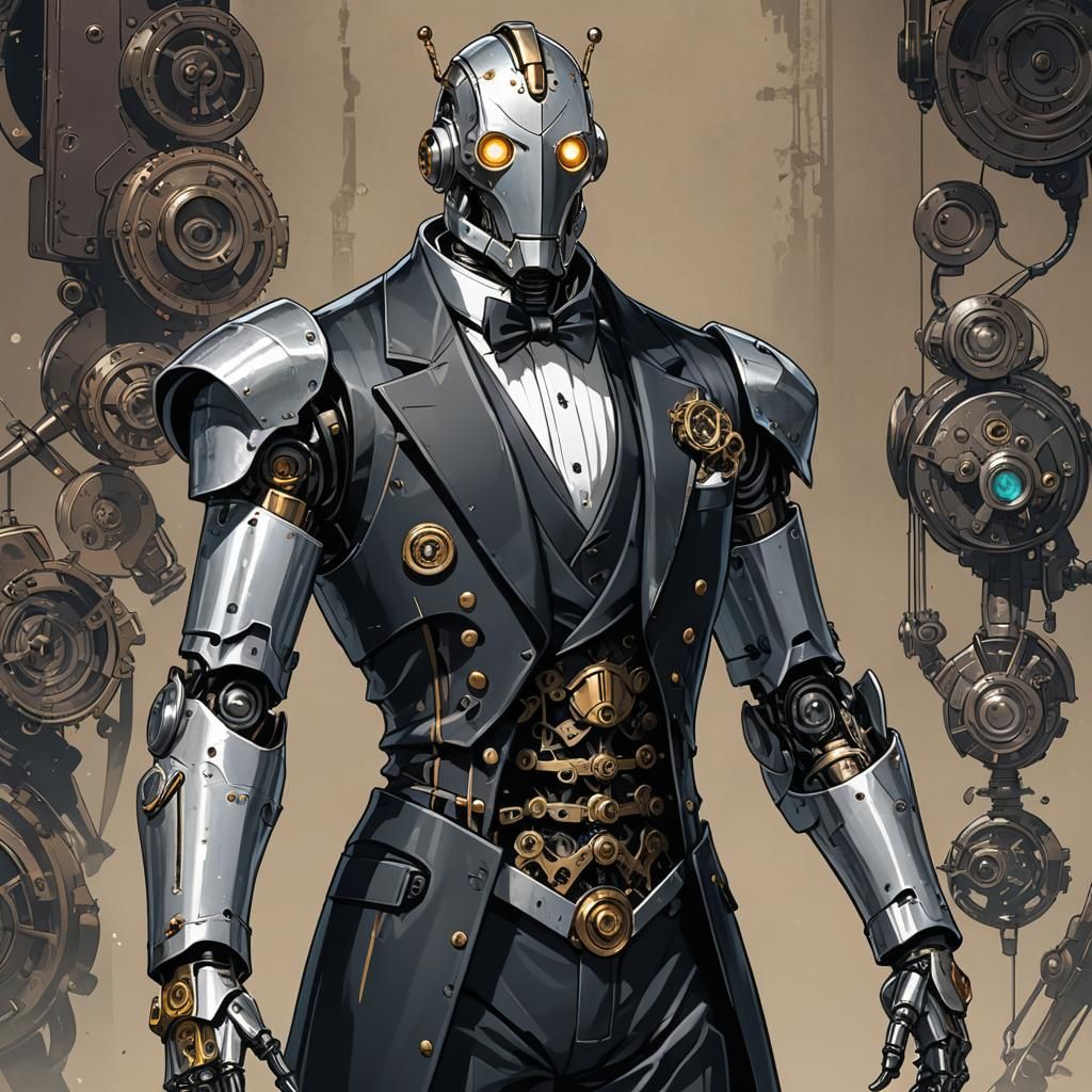 Steampunk Robot in Tuxedo: Cel-Shaded Anime Style