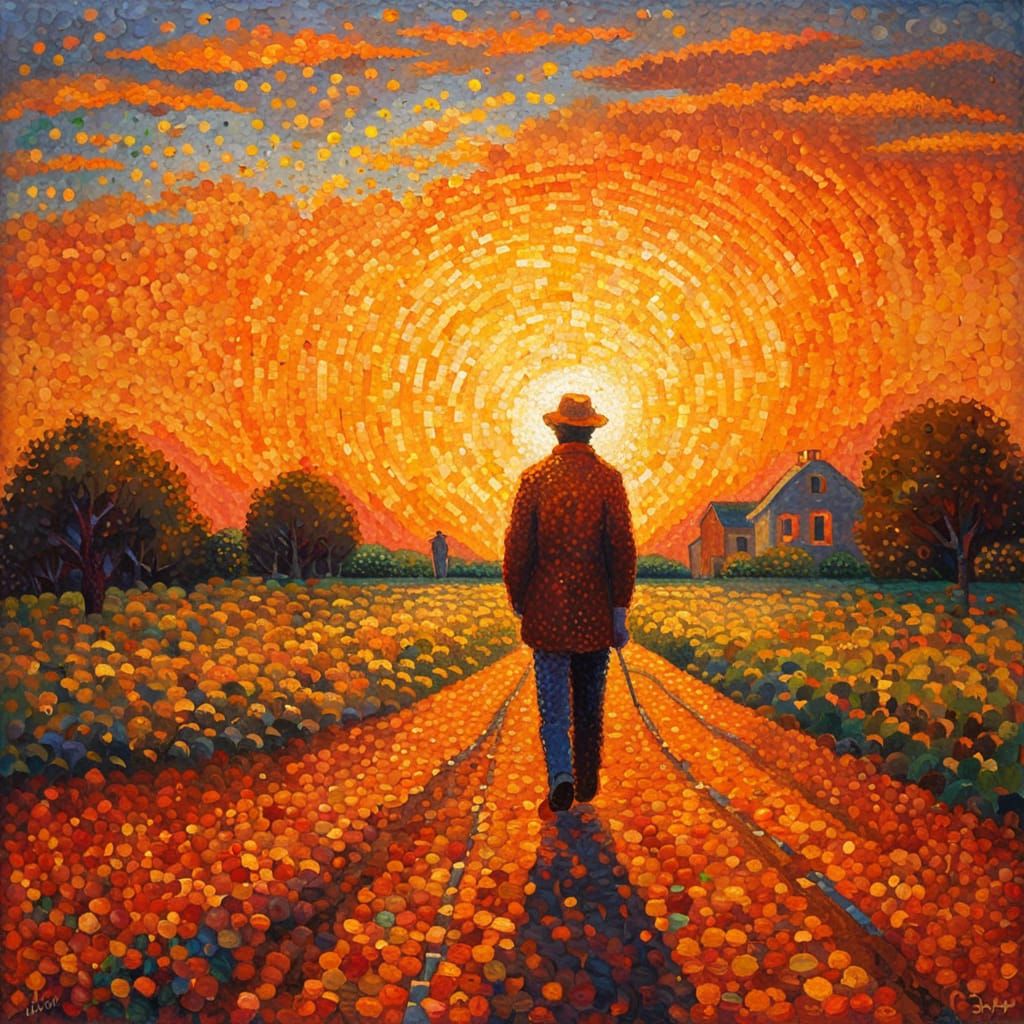 Impressionist pointillism. Wide angle shot. A solitary figur...