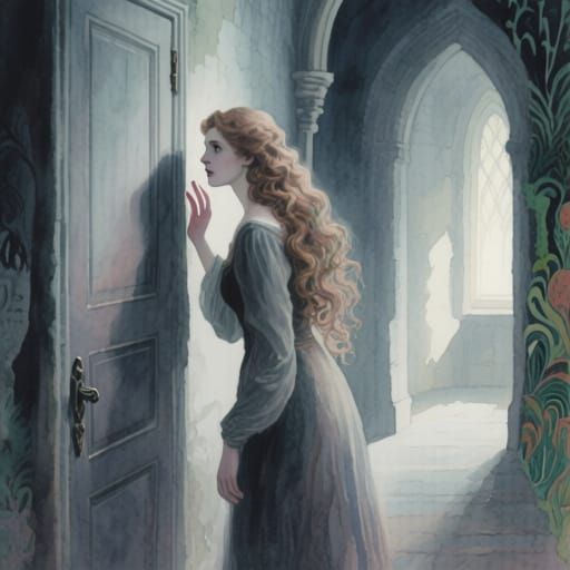 Feminine Woman Listening in Castle Hallway Watercolor